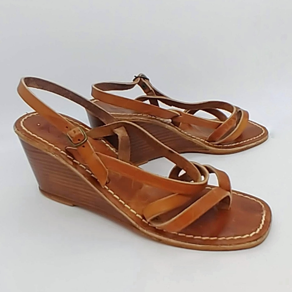K Jacques Tan Leather Stacked Wood Wedge Sandals Sz39